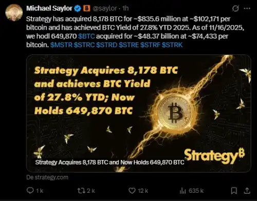 Just another (almost) normal week. Michael Saylor, head of Strategy, just announced a massive purchase of 8,178 Bitcoins for $836 million. This acquisition brings his total Bitcoin assets to 649,870 BTC, or approximately $62 billion. With an average purchase price of $74,433 per bitcoin, it continues to demonstrate unwavering confidence in the leading cryptocurrency despite market fluctuations. Bitcoin: Michael Saylor buys 8,178 BTC for $836 million - INFBusiness