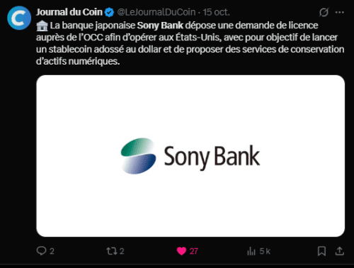 Everyone has their own business! The recent passage of the GENIUS Act by the United States Congress has paved the way for a regulatory explosion in the field of stablecoins. This situation is largely supported by established issuers such as Circle (USDC) and Tether (USDT), but it is also apparently being considered by some unexpected players such as Sony Group. Indeed, its subsidiary, Sony Bank, has applied for a license with the Office of the Comptroller of the Currency (OCC). An initiative that American bankers don't like at all... Cryptocurrency: US bankers want to block Sony's stablecoin - INFBusiness