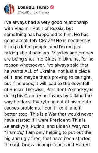 Трамп заявив, що Путін став абсолютно божевільним і хоче всю Україну - INFBusiness