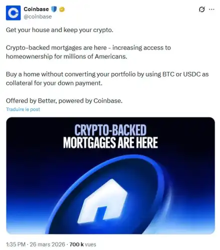 Coinbase пропонує іпотечні кредити, забезпечені біткойном та стейблкоїном USDC.