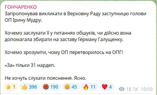 Гончаренко закликає Раду викликати Мудру через підозри в перетворенні ОП на “ОПГ”