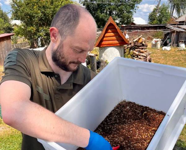 Ігор Мамчик показує хробаків, які переробляють перепелиний послід